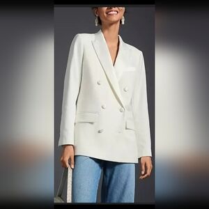 LOFT White Satin Trim Double-Breasted Blazer